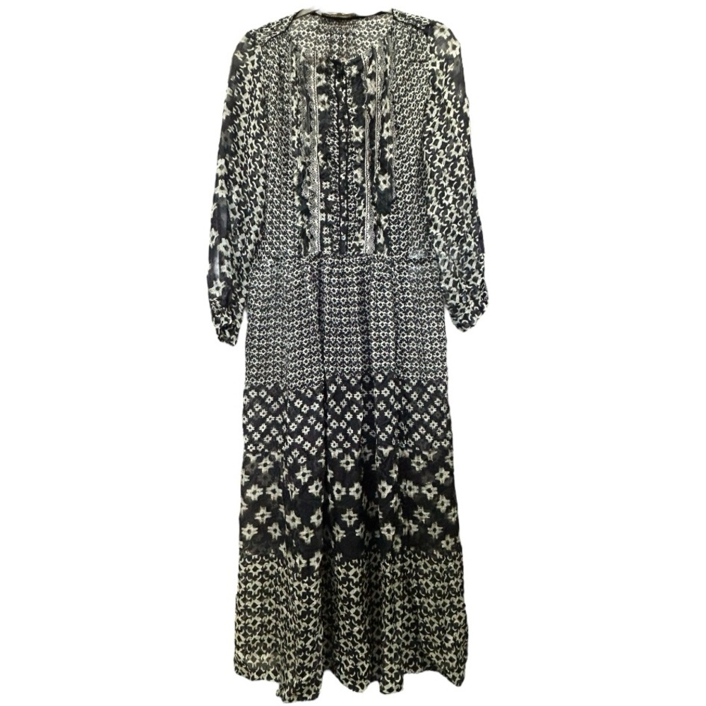 Vanessa Bruno Women’s Black & White Patterned Silk Maxi Long Sleeve Dress Sz 36 - Picture 1 of 7